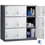 Metal 9-door employee locker with keys, gray