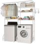 Adjustable 6-tier white shelf above washing machine with hooks and hanging rod