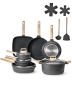 19-piece black granite non-stick cookware set with tempered glass lids, induction