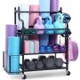 Yoga mat storage shelf, steel stand with hooks and wheels