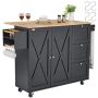 Kitchen island cart with wooden top, 56", black, wheels, adjustable shelf
