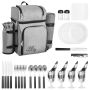 Picnic backpack for 4 people with insulated cooler and cutlery, gray