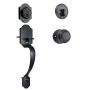 Front door handle and latch, brushed bronze, adjustable clearance, single cylinder