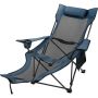 Folding blue camping chair with storage compartment and cup holder
