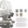 Set of 3 inch (75 mm) round button badge parts with metal cap, plastic and gift paper, 200 pcs.
