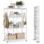 4-Tier Folding Metal Storage Shelf, 36x21x60 Inch, White, with Casters and Hooks
