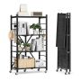 Foldable 4-Tier Metal Storage Shelf, 26x13x46 inches, with Wheels and Hooks, Black