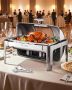 Rectangular stainless steel food warmer with 9 L water pan and foldable stand, silver
