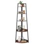 5-tier corner shelf with metal frame, wooden, narrow