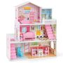 Children's wooden playhouse with 5 rooms and movable furniture set, pink