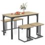 Dining table set for 4 people with bench and 2 stools, wood texture