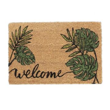 Придверный коврик "Welcome" с листьями 60х40 см., светло-коричневый/черный/зеленый