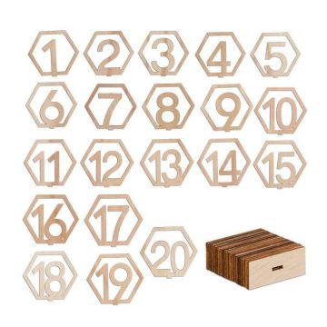 Komplektis 20 kuusnurkset puidust lauaalust "Numbrid" 10x11x2,5 cm, helepruun