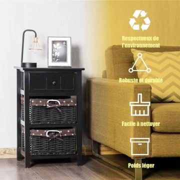 Set of 2 bedside tables with 3 levels, black, with drawer and wicker baskets