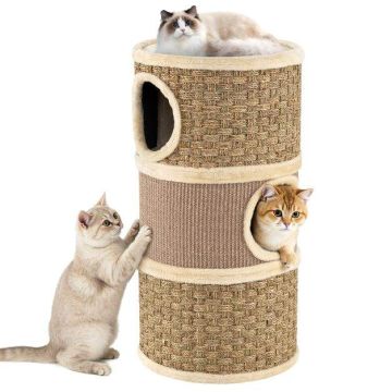 3-tier cat house with scratching post, 70 cm, brown
