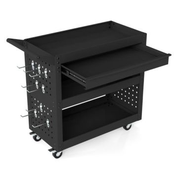3-Tier Metal Tool Trolley with Large Drawer and 2 Peg Boards, Black