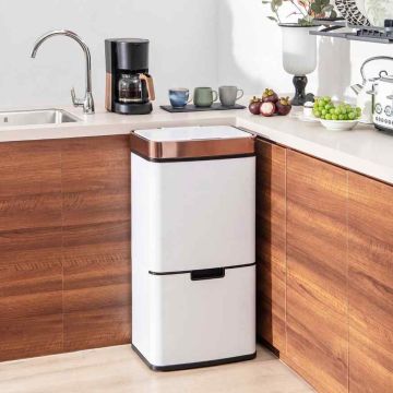 72L Stainless Steel Trash Can with Kitchen Waste Container, 42 x 32 x 84 cm, Gold+White