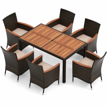 7-piece outdoor dining set with acacia wood table top and stackable chairs, black