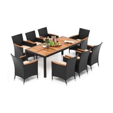 9-Piece Acacia Wood Outdoor Dining Set with 8 Rattan Chairs, Brown