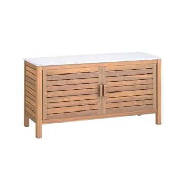 Acacia wood outdoor storage unit with faux marble table top, 2 doors