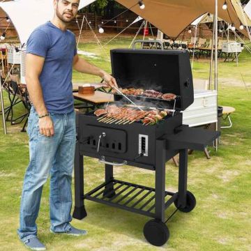 Charcoal barbecue, 2 foldable side shelves, Black, 132 × 106 × 57 cm