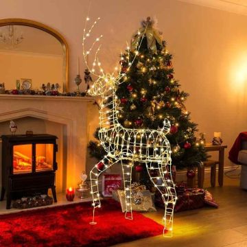 Lighted reindeer and sleigh Christmas decoration set, 215 bulbs, Gold and white, 95 × 184 × 76 cm