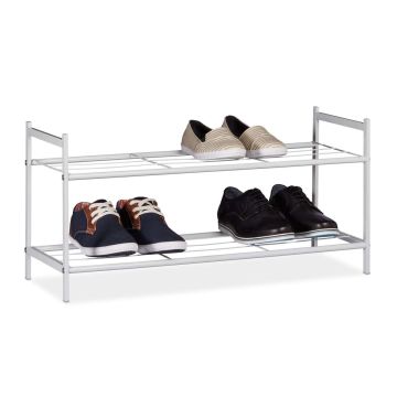 Jalanõuderiiul Relaxdays, 2 tasandit, umbes 6 paarile, Valge, 69,5 × 33,5 × 26 cm