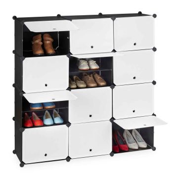 Jalanõukapp, 24 lahtrit, umbes 48 paari, must-valge, 125 × 125 × 32 cm