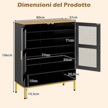 Shoe cabinet, 7 levels, 5 adjustable shelves, Black, 80 × 106 × 37 cm