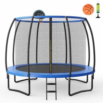 Trampoline, with safety net and basketball hoop, blue and black colors