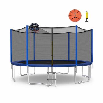 Trampoline with safety net and basketball hoop