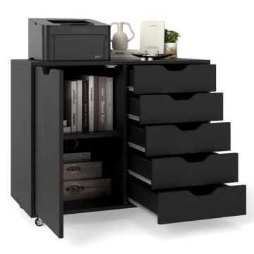 Office chest of drawers, With 5 drawers and doors, Black, 78 × 65 × 40 cm