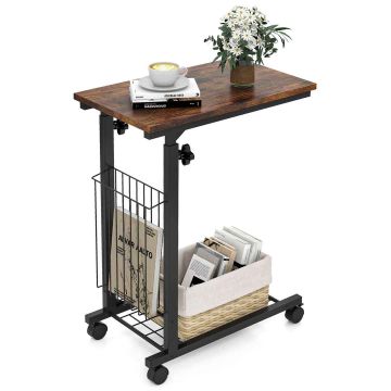 C-shaped table with storage basket, rustic brown