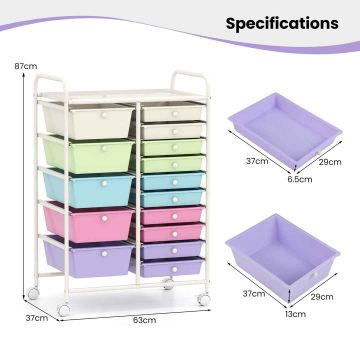 Storage Cart, 15 Drawers, Multicolor, 25 × 14.5 × 34.5 inches