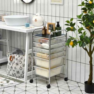 Storage Cart, 6 Drawers, Transparent, 14.5 × 13 × 29.5 inches