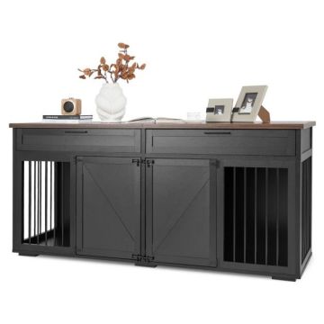 Large Wooden Dog Crate with Partition, Black