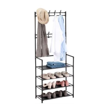 Riidenagi Relaxdays, 4 riiulitasandit, 8 topeltkonksu, Must, 59,5 × 150,5 × 25 cm