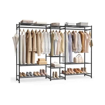SONGMICS clothes rack, 7 shelves, 2 rails, 4 hooks, Black, 30 × 157.1 × 206.4 cm