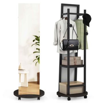 Clothes rack with mirror, 3 hooks, 2 shelves, Black, Ø45 × 135 cm