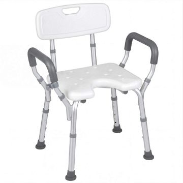 Shower chair, With backrest and armrests, White/silver, 59 × 68.5–81 × 46 cm