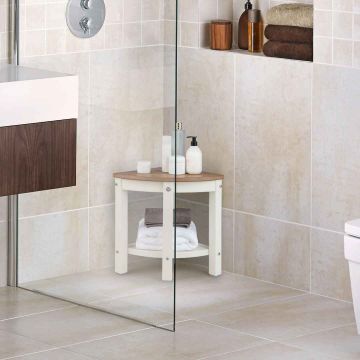 Shower bench, corner, with shelf, White/brown, 33.02 × 43.18 × 33.02 cm