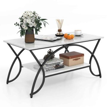 Two-tier coffee table, marble patterned top, metal frame, black and white