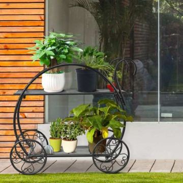 Two-tier metal flower stand, with wheels, steel, rust-resistant