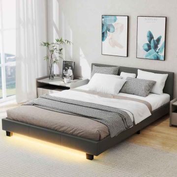 Double bed frame, with LED lighting, gray, 210 × 65 × 145 cm