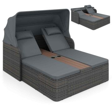 Double outdoor chaise longue, 2 backrests, 5 positions, Brown, 203 × 159 × 141 cm