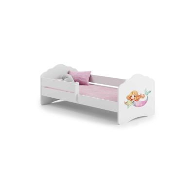 Детская кроватка Fala с матрасом и защитным бортиком, 144 см x 78 см x 65 см, с рисунком русалки.