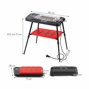 Electric grill, 2 cooking surfaces, 80 × 53 × 41.5–70 cm