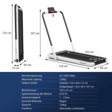 Electric treadmill, foldable, White, 124 × 107 × 69 cm