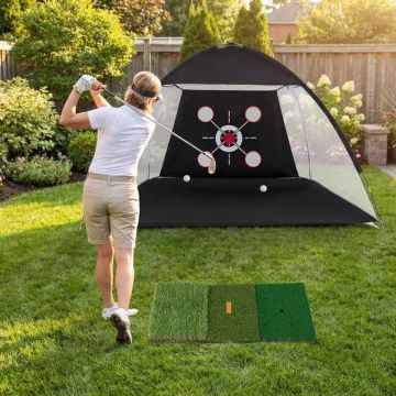 Golf practice net, with three-piece mat, 314 × 179 × 199 cm