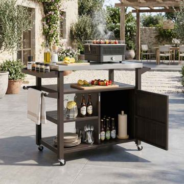 Grill trolley, with cabinet and 3 shelves, Brown/silver, 116 × 87 × 50 cm